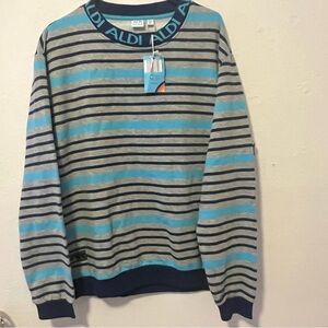 ALDI Gear Unisex Pullover Sweatshirt XL Gray Navy Blue Striped Sweater New NWT